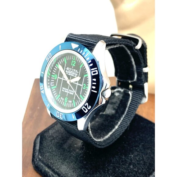 Sicura Submarine Men's Watch Vintage Swiss Manual Wind Black Dial 40mm Nylon - Picture 2 of 14